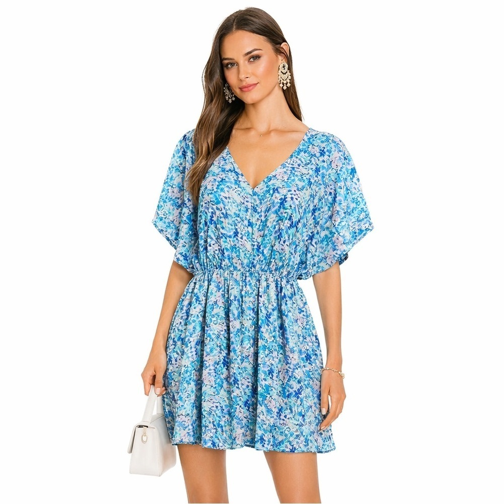 Lucca Couture XS Blue Floral Mini Dress Flutter Sleeves Open Back